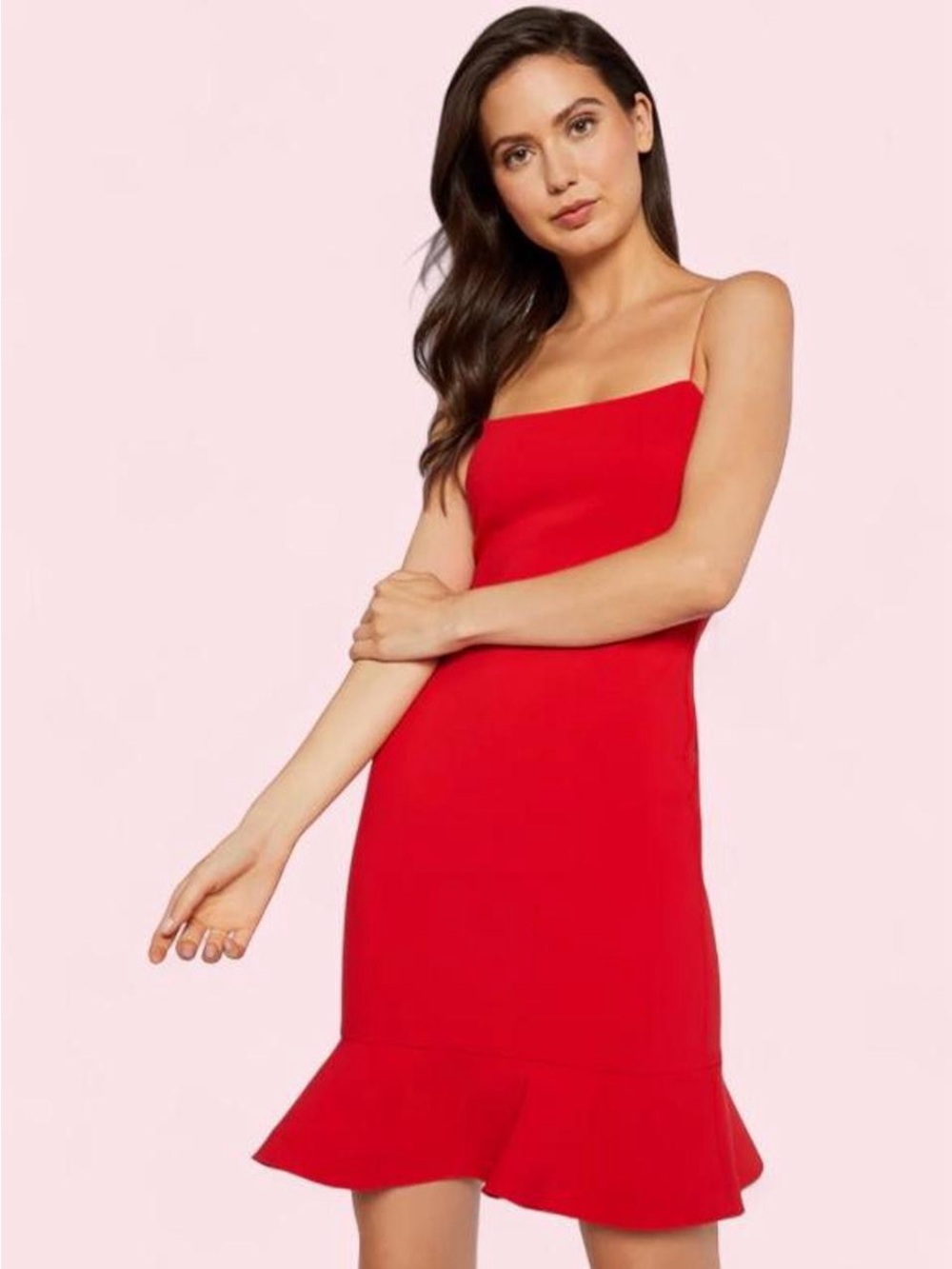 Likely Banks Red Spaghetti Strap Ruffle-Hem Dress